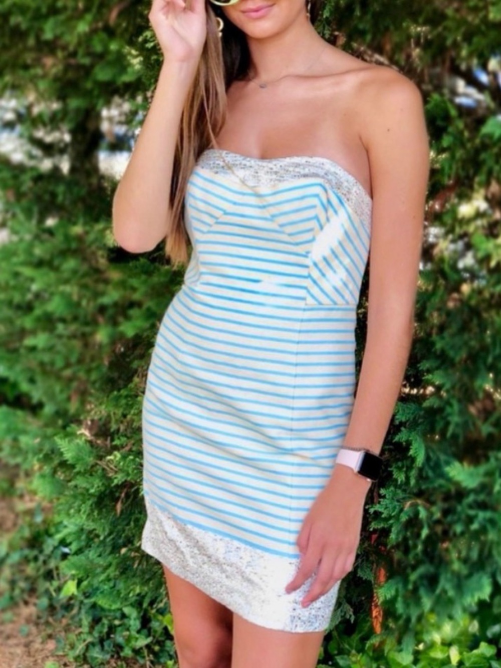 Lilly Pulitzer Remi Blue Horizon Bayview Stripe Metallic strapless mini dress 6